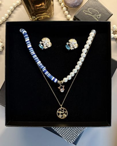 Set Bijuterii Marine cu Colier Perle, Lanț cu Medalion și Cercei Scoică – Design Elegant & Fresh