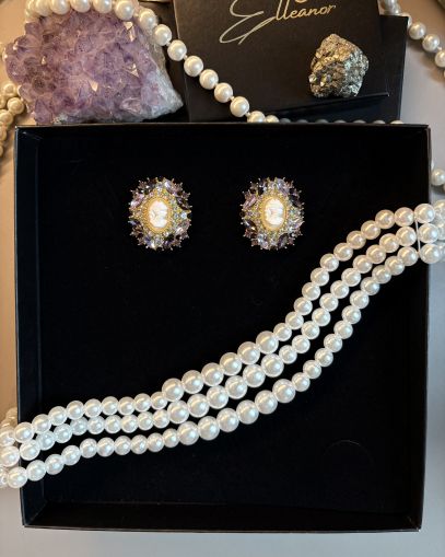 Set colier cu perle multiple și cercei camee vintage cu cristale mov – bijuterii elegante