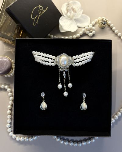 Set Bijuterii cu Perle - Colier Choker si Cercei Stil Regal