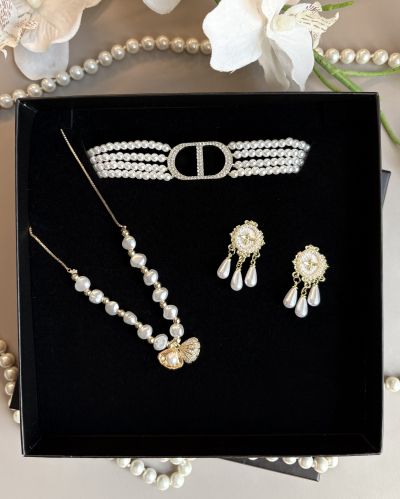 Set bijuterii elegante cu perle și cristale zirconiu – brățară, cercei și choker 