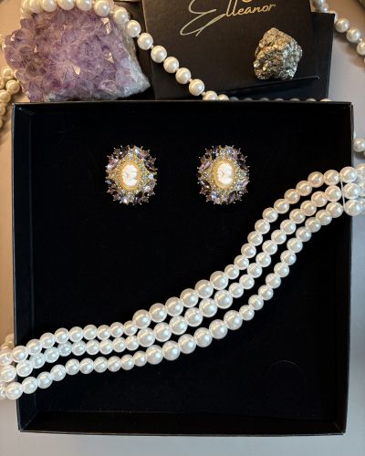 Set colier cu perle multiple și cercei camee vintage cu cristale mov – bijuterii elegante