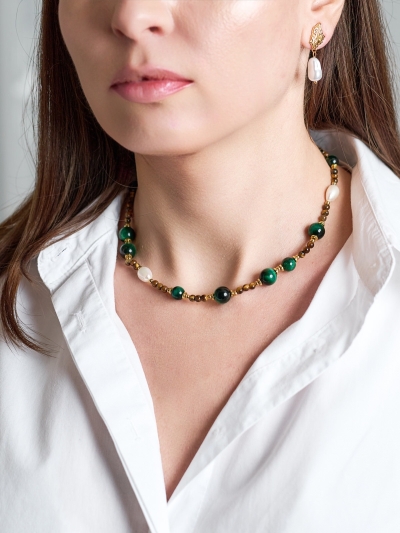 Colier cu perle, malachit și ochi de tigru